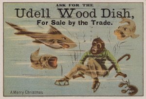 Fröhliche Weihnachten, Werbekarte für Udell-Holzgeschirr von American School