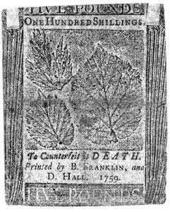 Eine Hundert-Schilling-Note, gedruckt von B. Franklin und D. Hall, 1759