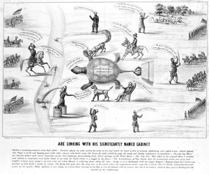 Abe Lincoln mit seinem bedeutend benannten Kabinett, veröffentlicht von M.E. Godwin, 1864