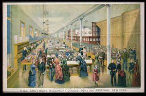 Werbung für Hill Bros. Millinery Goods mit einer Innenansicht des Hauptverkaufsraums von American School
