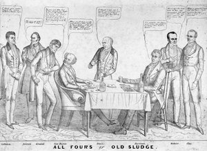 All Fours oder Old Sludge, politische Karikatur, die Präsident Martin Van Buren (1782-1862) zeigt, wie er Karten gegen William Henry Harrison (1773-1841) spielt, umgeben von anderen Staatsmännern und Politikern, 1836 von American School