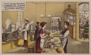 Amerikanische Werbekarte für Nähmaschinen und Öfen der Florence Machine Company, Massachusetts von American School