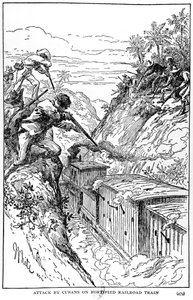 Angriff der Kubaner auf einen befestigten Eisenbahnzug, Illustration aus The Story of Cuba von Murat Halstead, veröffentlicht 1898 von American School