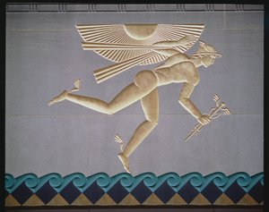 Basrelief, das Merkur darstellt, von der Außenseite eines der 14 Gebäude, gebaut 1931-40