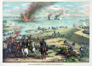 Schlacht zwischen der Monitor und der Merrimac, 9. März 1862 bei Hampton Roads, nahe Norfolk, Virginia, veröffentlicht von Kurz & Allison, ca. 1889 von American School