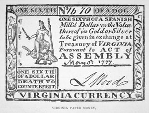 Schein über ein Sechstel eines Dollars, Papiergeld von Virginia aus dem Jahr 1777