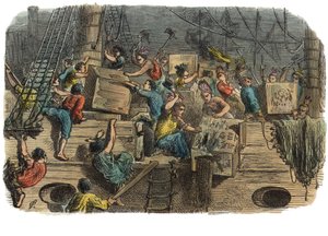 Boston Tea Party, ca. 1860er Jahre (handkolorierte Gravur)