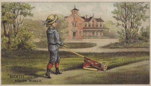 Junge mäht Gras vor einem Landhaus von American School
