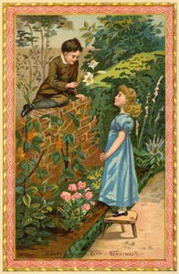 Junge sitzt auf einer Mauer und bietet einem Mädchen Blumen an von American School