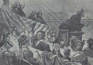 Brigham Young beobachtet von seinen vielen jungen Frauen beim Predigen im Großen Mormonentempel, Utah von American School