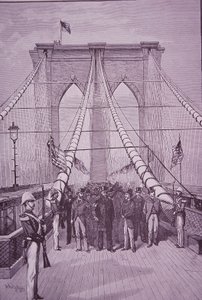 Brooklyn Bridge, Präsident Arthur bei der Eröffnungszeremonie, 24. Mai 1883 (Stich)