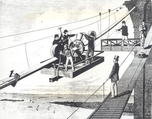 Brooklyn Bridge im Bau 1876, Flechten der Hängekabel (Gravur)