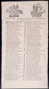 Kapitän Wards Kampf mit dem Kriegsschiff Rainbow, Flugblatt gedruckt 1775 von American School