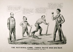 Karikatur, die Abraham Lincoln (1809-65) zeigt, wie er den Ball gegen seine Gegner Douglas, Bell und Breckenridge bei der Präsidentschaftswahl von 1860 gewinnt