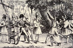 Häuptling Tecumseh (1768-1813) trotzt General Harrison (1773-1841) (Gravur) von American School