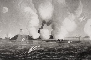 Kampf zwischen der konföderierten CSS Virginia (links) und der Union USS Monitor (rechts) am 9. März 1862 in Hampton Roads, Virginia (Detail)
