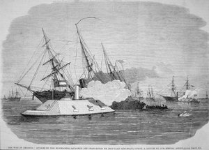Konföderierte Panzerschiffe greifen die Bundesblockade vor Charleston an, 4. April 1863 von American School