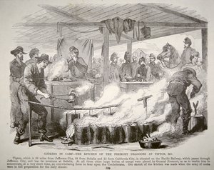Kochen im Lager - Die Küche der Fremont-Dragoner in Tipton, Missouri (Gravur)