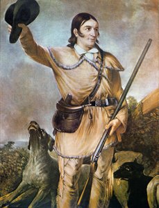 David (Davy) Crockett (1786-1836) mit seinen Jagdhunden im Jahr 1836