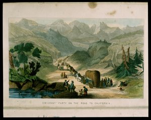 Auswanderergruppe auf dem Weg nach Kalifornien im Jahr 1596, Illustration aus California, its past history, its present position, its future prospects von G.A. Fleming, 1850