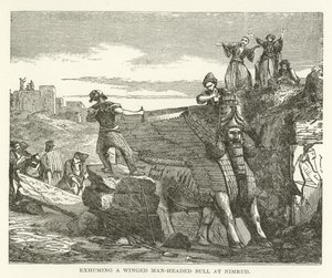 Ausgrabung eines geflügelten, menschenköpfigen Stiers in Nimrud