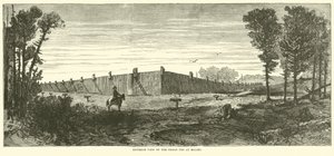 Außenansicht des Gefängnishofs in Millen, November 1864 von American School