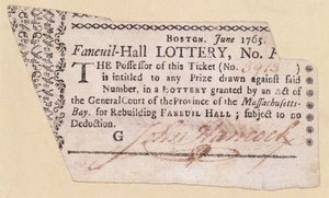 Faneuil-Hall Lotterielos, signiert von John Hancock (1737-93) 1765