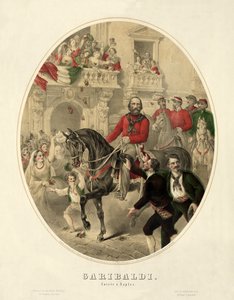 Garibaldi, Einzug in Neapel, veröffentlicht 1860 (handkolorierte Gravur) von American School