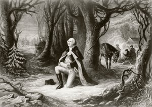 George Washington betet im Winter 1777-78 im Lager des amerikanischen Unabhängigkeitskrieges in Valley Forge, nach einem Gemälde von Henry Brueckner von American School