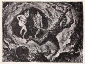 Gnome erschrecken einen Bergmann, aus Der Weltführer zu Gnomen, Feen, Elfen und anderen kleinen Leuten von Thomas Keightley (1789-1872) veröffentlicht 1880