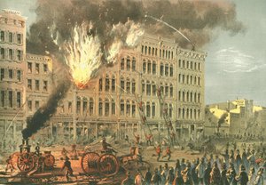 Großes Feuer in der Lake Street, aus Chicago Illustrated, mit literarischen Beschreibungen von James W. Sheahan, veröffentlicht von Jevne & Almini, Chicago, 1866-67 von American School