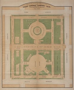 Grundriss der Gebäude der Great Central Sanitary Fair, Logan Square, Juni 1864 (Farblithographie) von American School