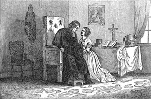 Illustration aus einem anti-katholischen Pamphlet, die eine junge Frau zeigt, die von einem Priester verführt wird von American School