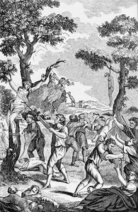 Illustration aus einem anti-katholischen Pamphlet, die zeigt, wie Frauen und Kinder ermordet werden von American School