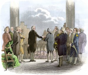 Investitur von George Washington (1732-1799) (Farbgravur)