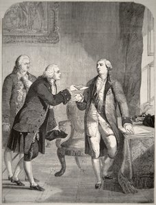 John Adams (1735-1826) als erster amerikanischer Botschafter am englischen Hof, überreicht seine Beglaubigungsschreiben an König George III (1738-1820)