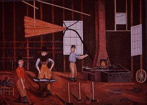 John Mohler Studebaker (Mitte), deutsch-amerikanischer Wagenbauer in der Werkstatt, ca. 1858