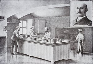 Küche des Weißen Hauses in den 1890er Jahren, mit Porträt von Hugo Ziemann von American School