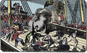 Der Tod des Piraten-Gentleman Jean Lafitte (1780-1826), Gravur aus „The pirate own book“ 1837