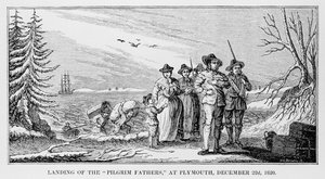 Landung der Pilgerväter in Plymouth auf Cape Cod, Massachusetts, 22. Dezember 1620, gedruckt in History and Antiquity of New England, New York... 1842