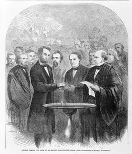 Lincoln legt den Eid bei seiner zweiten Amtseinführung ab, 4. März 1865, veröffentlicht 1865