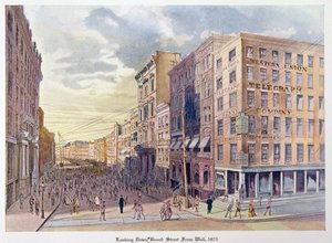 Blick auf die Broad Street von der Wall Street im Jahr 1873, Illustration aus Old New York, gestern und heute von Henry Collins Brown, 1922