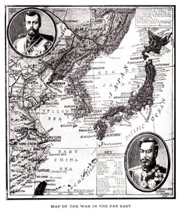 Karte von Ost-Russland, Korea und Japan während des japanisch-russischen Konflikts (1904-1905). Im Medaillon Zar Nikolaus II. von Russland (1868-1918) und Kaiser Meiji von Japan (1852-1912). Illustration in „Russia and Japan and a complete history of the w