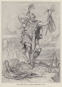 Mars, der römische Kriegsgott, hält Schaufeln und Stacheldraht, die im Grabenkrieg verwendet werden von American School