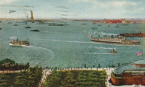New Yorker Hafen von der Battery, mit Freiheitsstatue und Ellis Island, um 1910 von American School