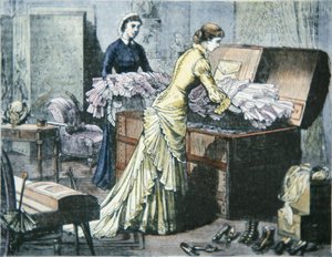 Verpackung des Saratoga-Koffers für die Zugreise nach Saratoga Springs, New York, ca. 1880 (kolorierte Gravur)