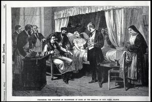 Durchführung der Bluttransfusion im Krankenhaus der Barmherzigkeit, Paris, Frankreich, Illustration aus dem American Scientist von American School