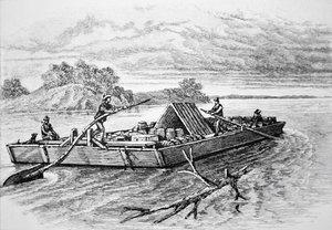 Pionierflachboot auf dem Mississippi, ca. 1840 (Gravur) von American School