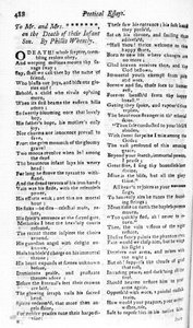 Gedicht geschrieben an ein Paar zum Tod ihres Kindes von Phillis Wheatly, veröffentlicht im Boston Magazine, 1783-84