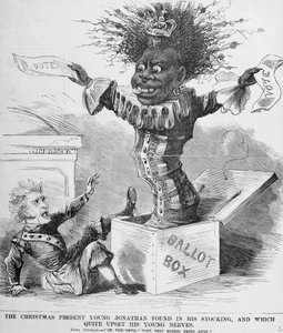 Politischer Cartoon, der Präsident Andrew Jackson zeigt, wie er sich vor der Aussicht auf das schwarze Wahlrecht in Amerika fürchtet